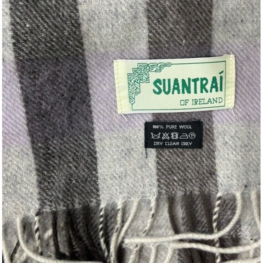SUANTRAI of Ireland 100% Wool Plaid Fringe Scarf Wrap Blue Purple Multi SOFT